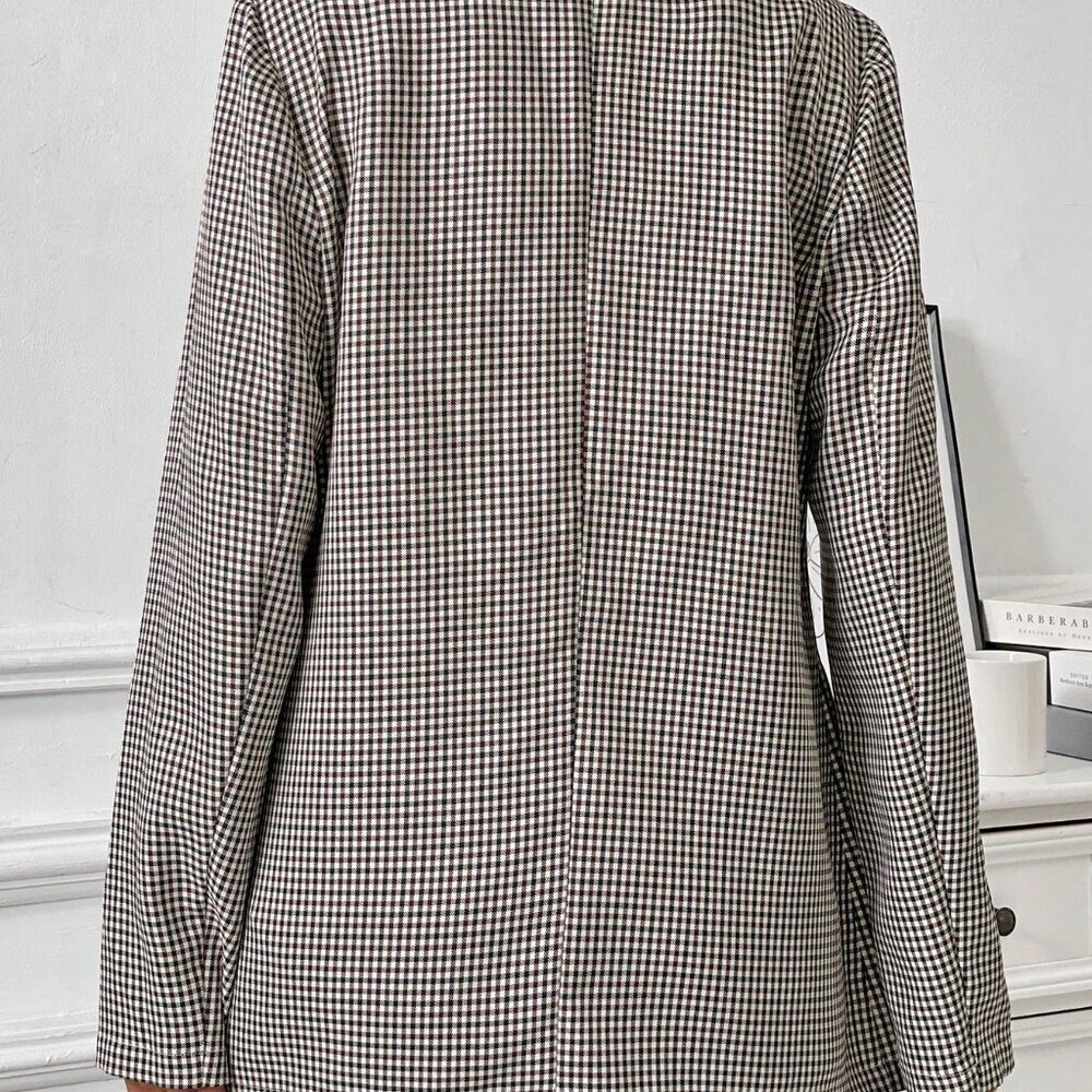 Coffee Brown Casual Women's Turndown Collar Long Sleeve & Versatile Plaid Blazer - Picture 2 of 6